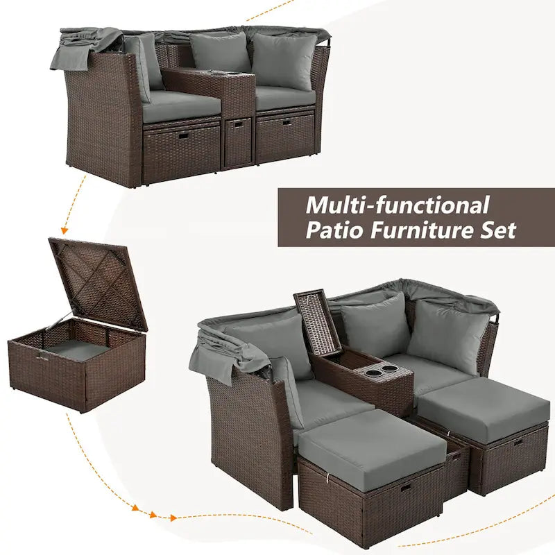 Canapé inclinable deux places, convertible en lit de jour avec auvent pliable