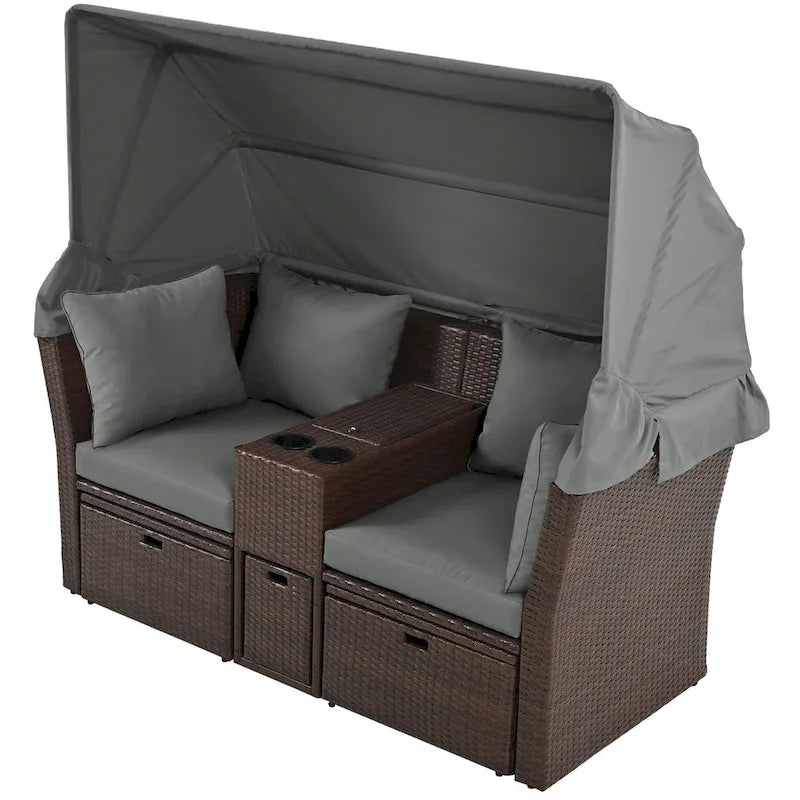 Canapé inclinable deux places, convertible en lit de jour avec auvent pliable