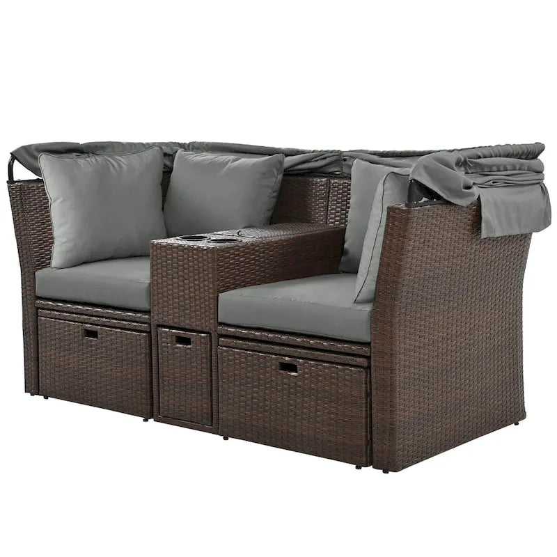 Canapé inclinable deux places, convertible en lit de jour avec auvent pliable