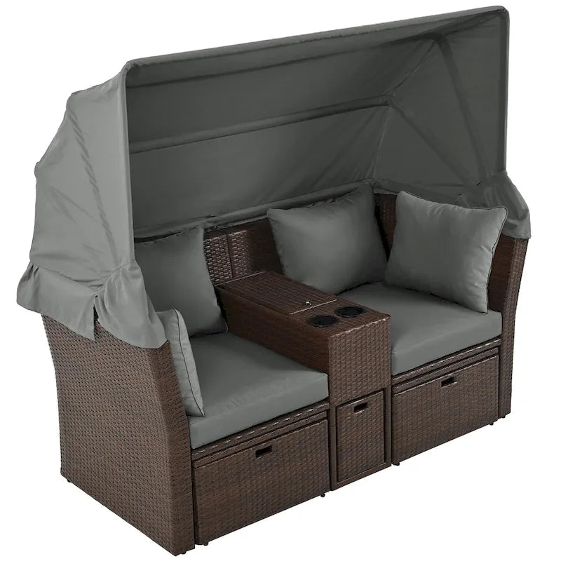 Canapé inclinable deux places, convertible en lit de jour avec auvent pliable