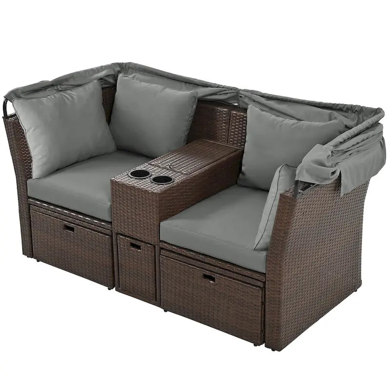 Canapé inclinable deux places, convertible en lit de jour avec auvent pliable