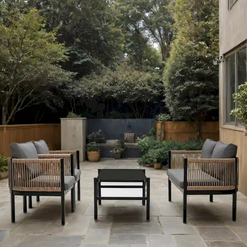 Salon de jardin avec table en verre trempé (4 pièces)
