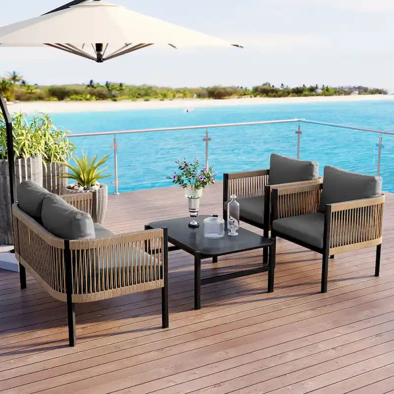 Salon de jardin avec table en verre trempé (4 pièces)