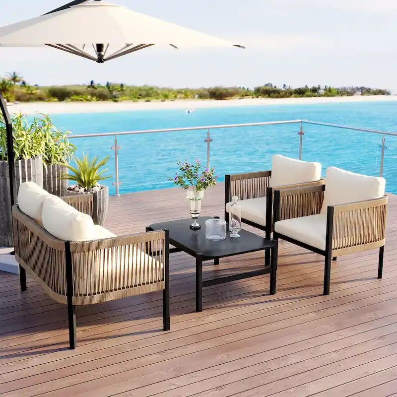 Salon de jardin avec table en verre trempé (4 pièces)