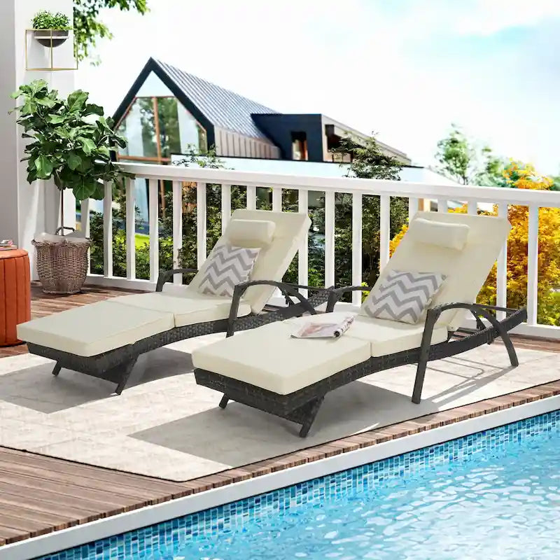 Outdoor Long Reclining Chair Set of 2 with Cushions