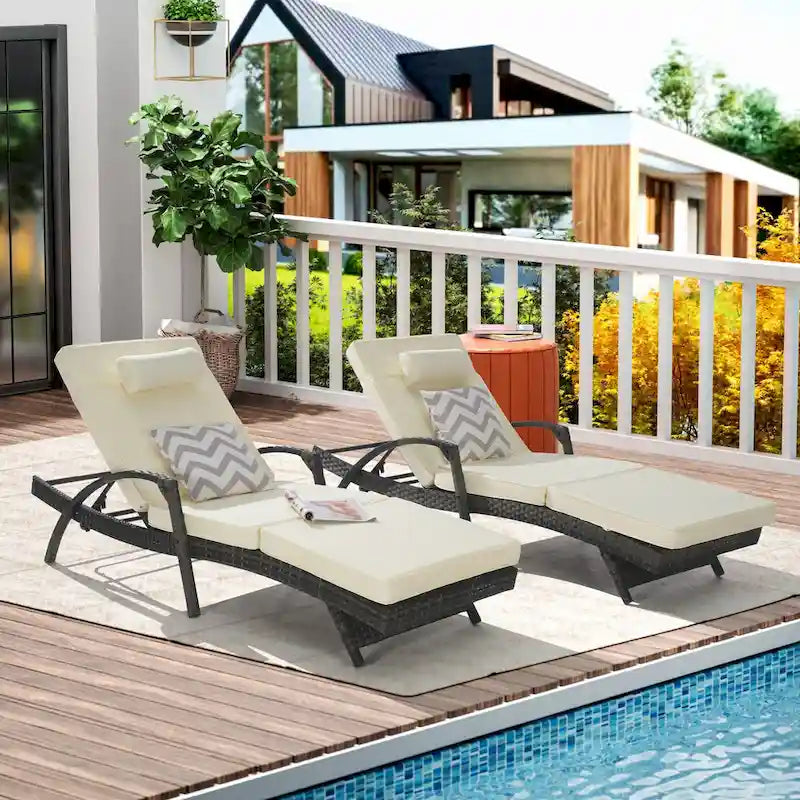 Outdoor Long Reclining Chair Set of 2 with Cushions