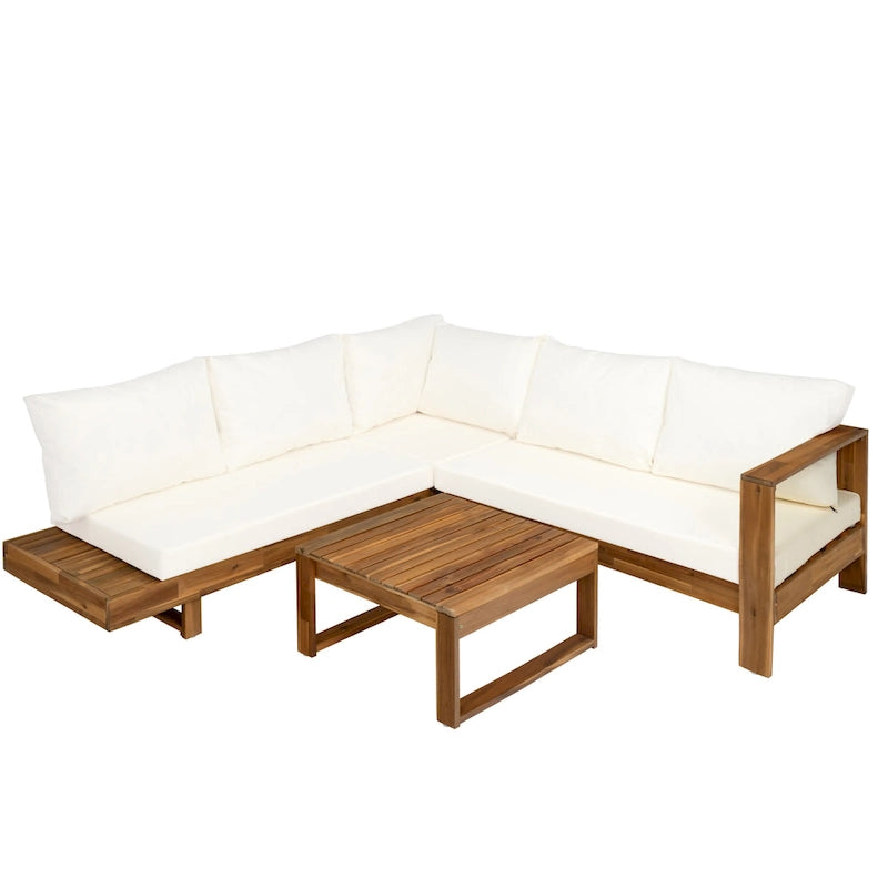 Canapé d'angle en forme de L, ensemble de canapés de patio avec table, canapé de salon en bois, ensemble de conversation extérieur 4 pièces