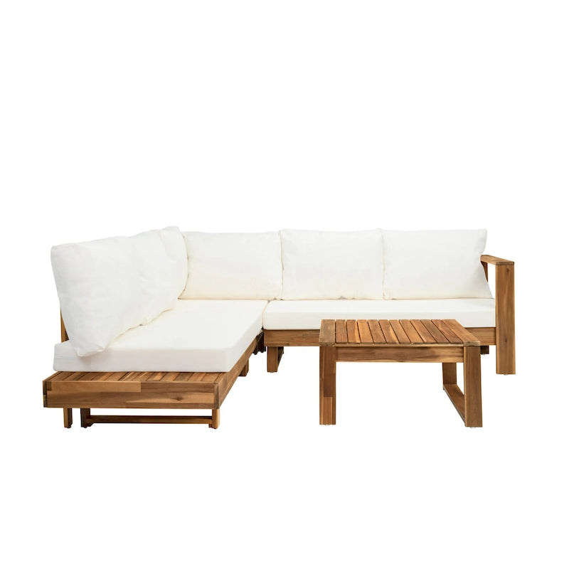 Canapé d'angle en forme de L, ensemble de canapés de patio avec table, canapé de salon en bois, ensemble de conversation extérieur 4 pièces