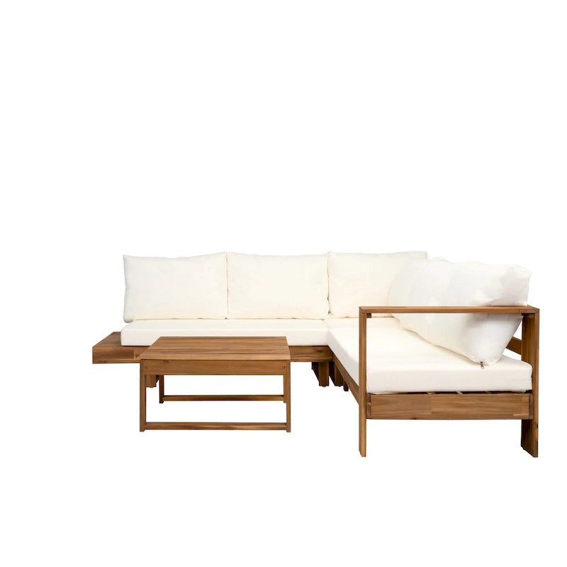 Canapé d'angle en forme de L, ensemble de canapés de patio avec table, canapé de salon en bois, ensemble de conversation extérieur 4 pièces