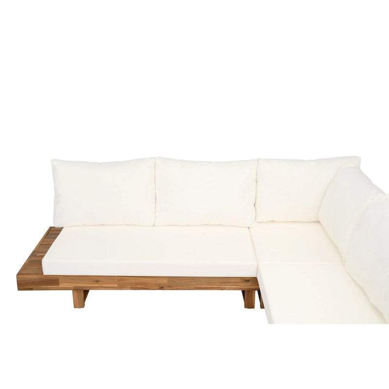 Canapé d'angle en forme de L, ensemble de canapés de patio avec table, canapé de salon en bois, ensemble de conversation extérieur 4 pièces
