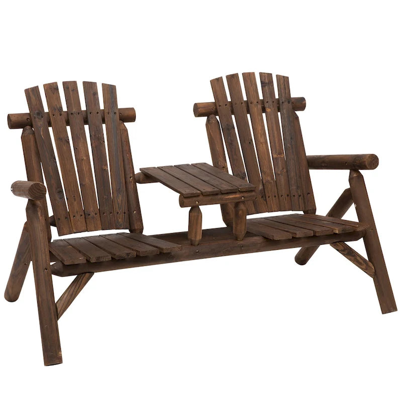 Outsunny 2-Seat Wooden Adirondack Chair, Patio Bench With Table, Outdoor Loveseat Fire Pit Chair For Porch, Backyard, Deck
