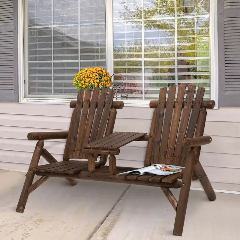 Chaise Adirondack Outsunny 2 places en bois, banc de patio avec table, causeuse d'extérieur pour foyer, véranda, jardin, terrasse