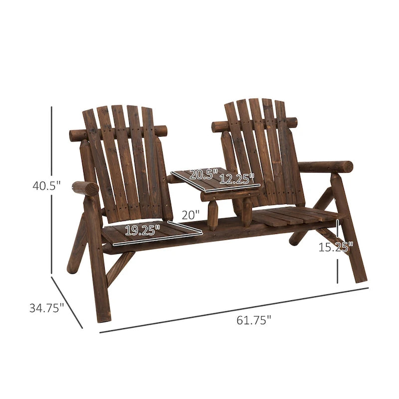 Chaise Adirondack Outsunny 2 places en bois, banc de patio avec table, causeuse d'extérieur pour foyer, véranda, jardin, terrasse