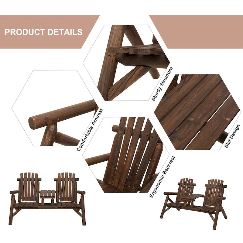 Chaise Adirondack Outsunny 2 places en bois, banc de patio avec table, causeuse d'extérieur pour foyer, véranda, jardin, terrasse
