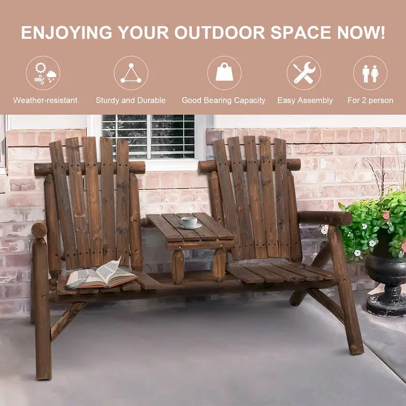 Chaise Adirondack Outsunny 2 places en bois, banc de patio avec table, causeuse d'extérieur pour foyer, véranda, jardin, terrasse