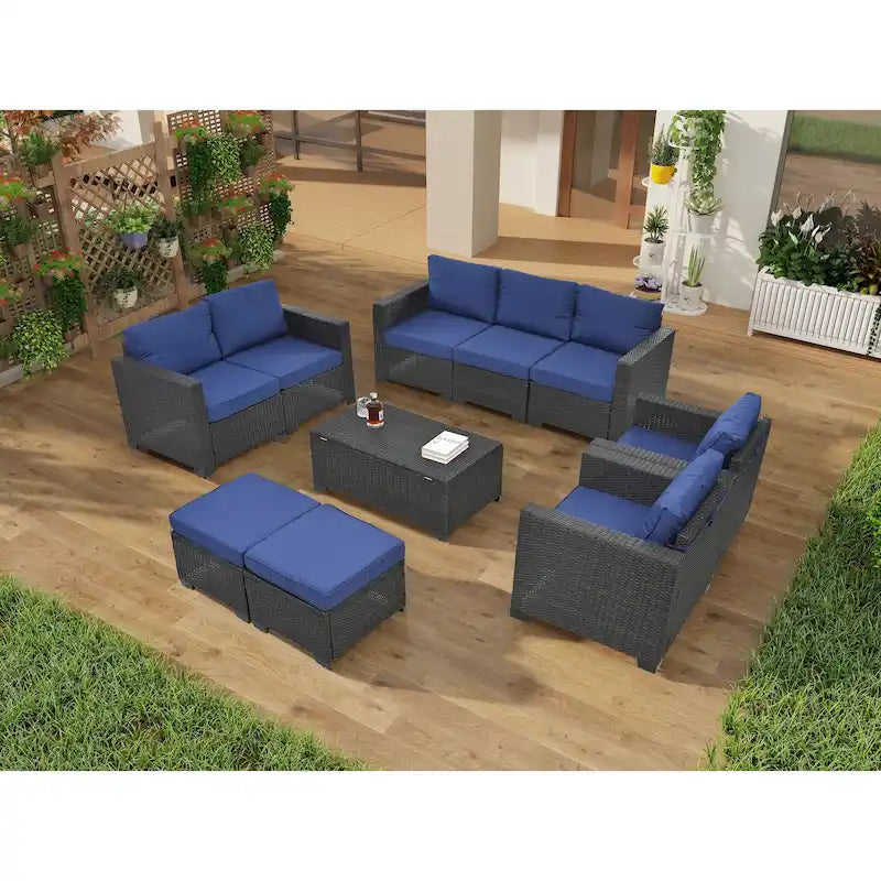 Ensemble de mobilier de jardin 10 pièces en rotin PE