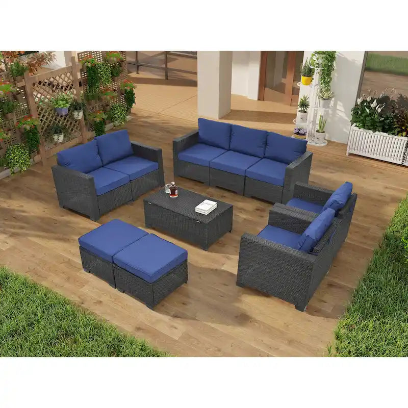 Ensemble de mobilier de jardin 10 pièces en rotin PE