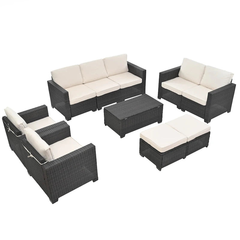 Ensemble de mobilier de jardin 10 pièces en rotin PE