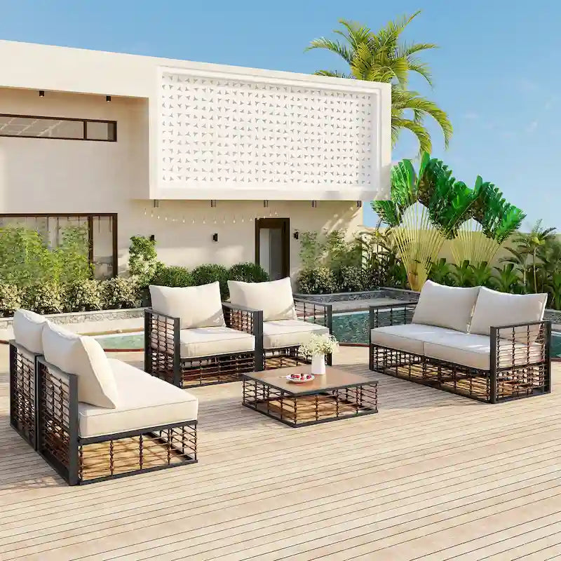 Ensemble de canapé d'angle modulaire d'extérieur 7 pièces en métal avec table basse et chaises