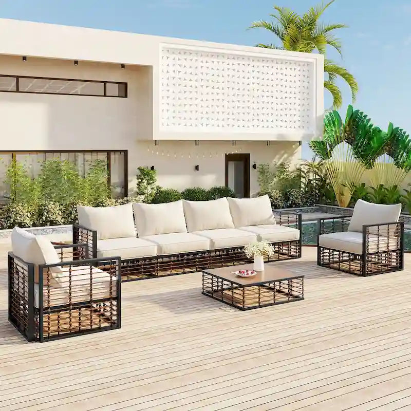 Ensemble de canapé d'angle modulaire d'extérieur 7 pièces en métal avec table basse et chaises