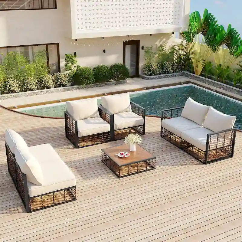 Ensemble de canapé d'angle modulaire d'extérieur 7 pièces en métal avec table basse et chaises