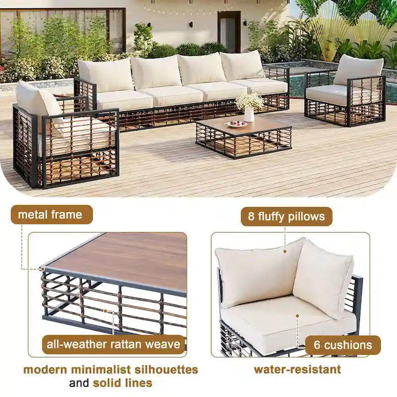 Ensemble de canapé d'angle modulaire d'extérieur 7 pièces en métal avec table basse et chaises