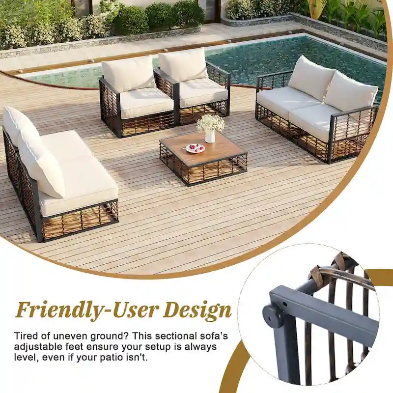 Ensemble de canapé d'angle modulaire d'extérieur 7 pièces en métal avec table basse et chaises