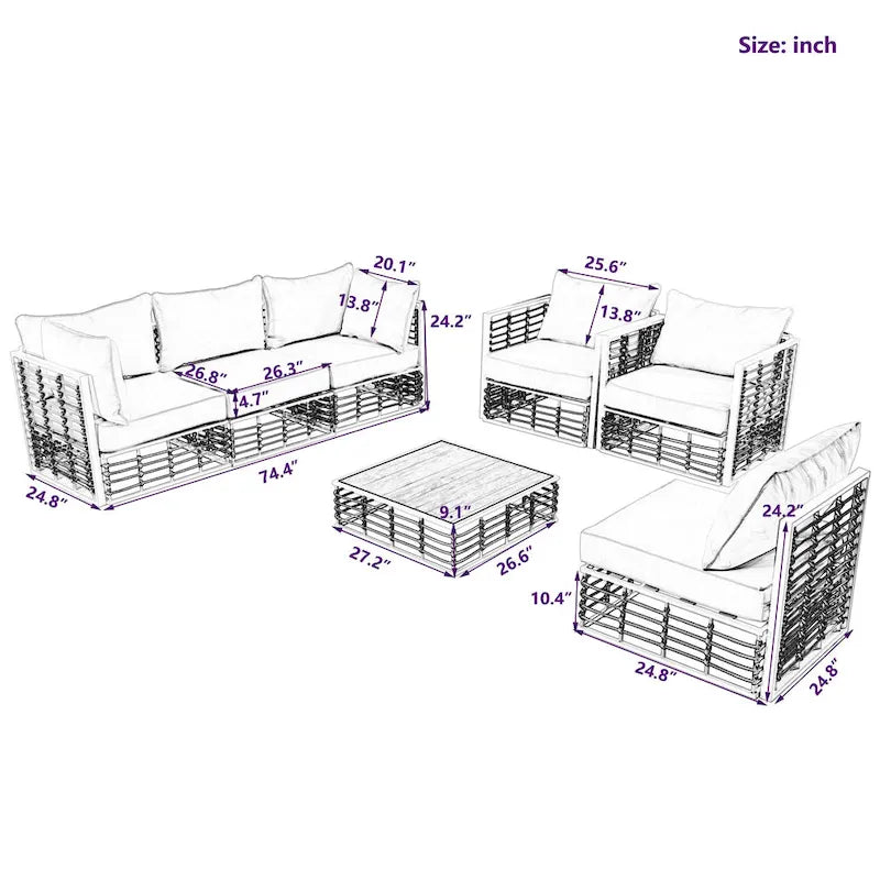 Ensemble de canapé d'angle modulaire d'extérieur 7 pièces en métal avec table basse et chaises