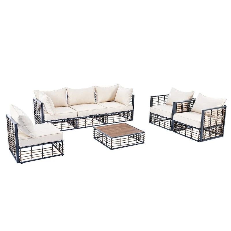 Ensemble de canapé d'angle modulaire d'extérieur 7 pièces en métal avec table basse et chaises