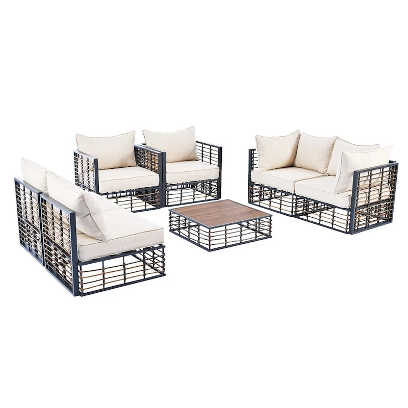 Ensemble de canapé d'angle modulaire d'extérieur 7 pièces en métal avec table basse et chaises