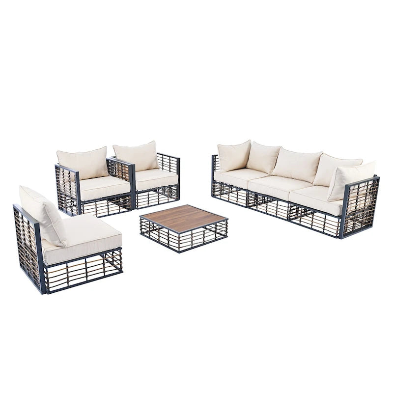Ensemble de canapé d'angle modulaire d'extérieur 7 pièces en métal avec table basse et chaises