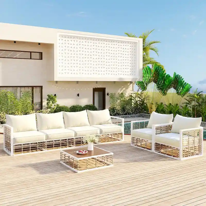Ensemble de canapé d'angle modulaire d'extérieur 7 pièces en métal avec table basse et chaises