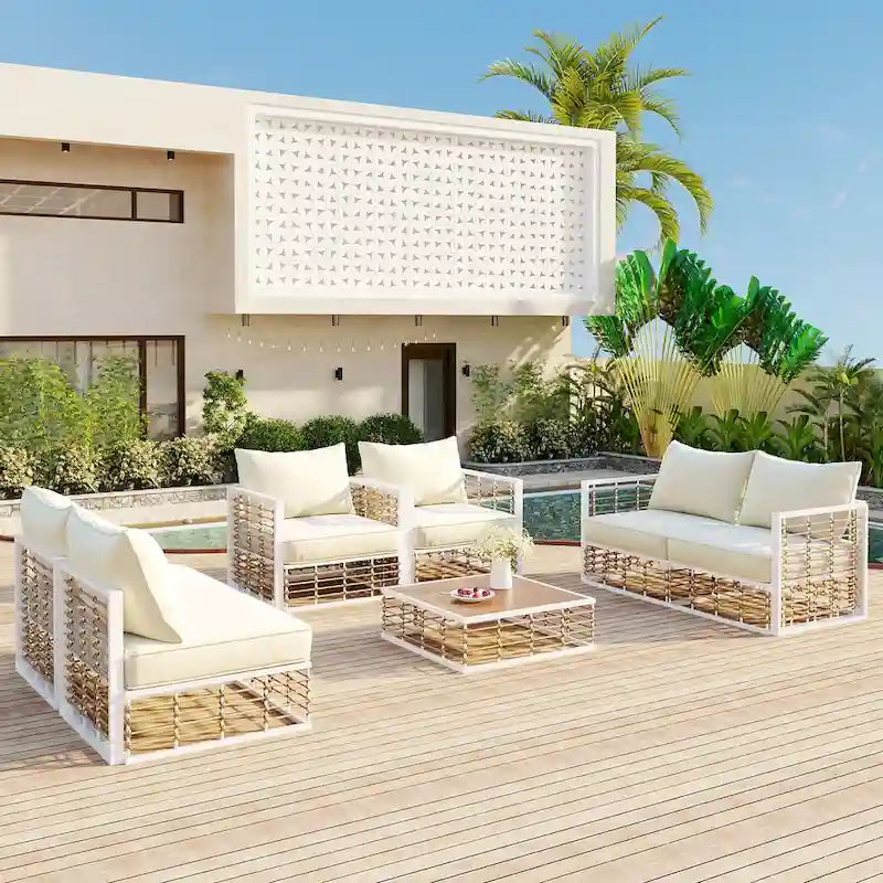 Ensemble de canapé d'angle modulaire d'extérieur 7 pièces en métal avec table basse et chaises