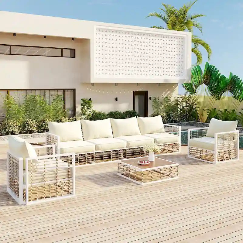 Ensemble de canapé d'angle modulaire d'extérieur 7 pièces en métal avec table basse et chaises