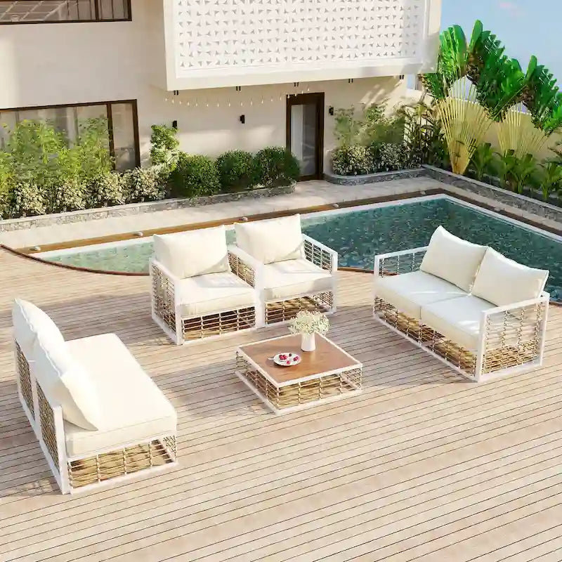 Ensemble de canapé d'angle modulaire d'extérieur 7 pièces en métal avec table basse et chaises