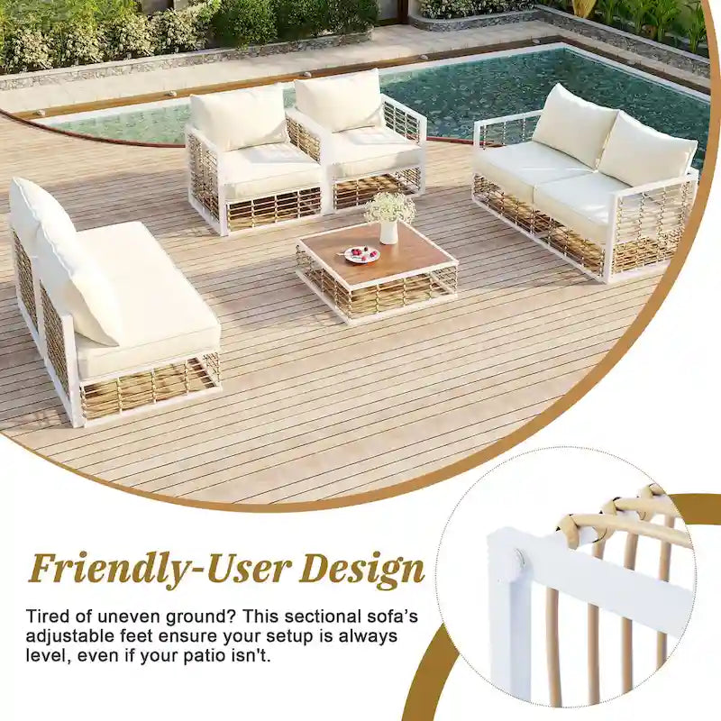 Ensemble de canapé d'angle modulaire d'extérieur 7 pièces en métal avec table basse et chaises