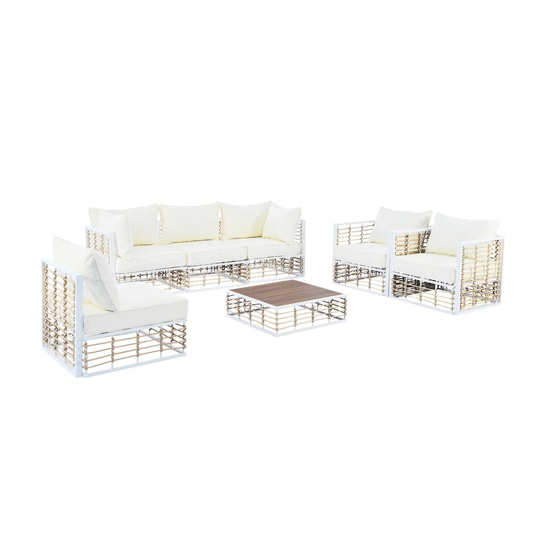 Ensemble de canapé d'angle modulaire d'extérieur 7 pièces en métal avec table basse et chaises