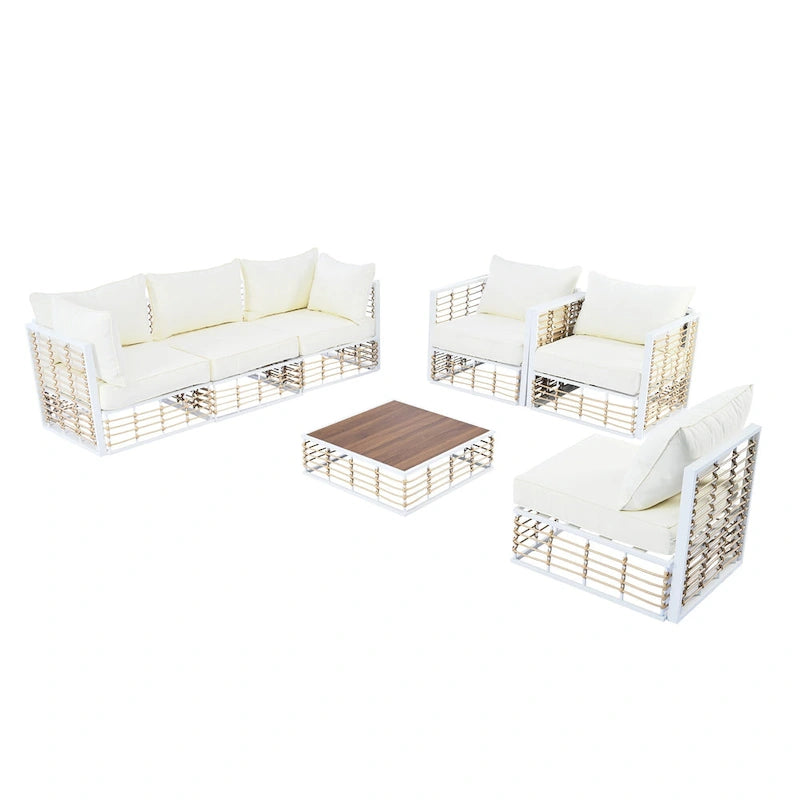 Ensemble de canapé d'angle modulaire d'extérieur 7 pièces en métal avec table basse et chaises