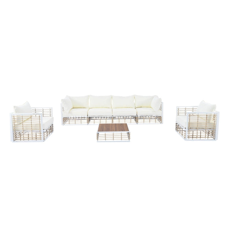 Ensemble de canapé d'angle modulaire d'extérieur 7 pièces en métal avec table basse et chaises