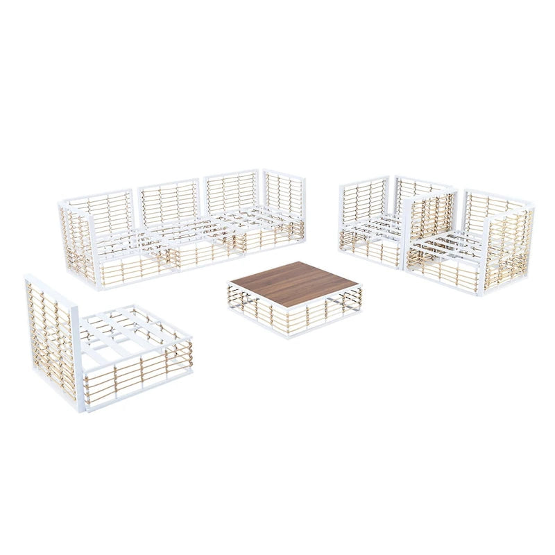 Ensemble de canapé d'angle modulaire d'extérieur 7 pièces en métal avec table basse et chaises