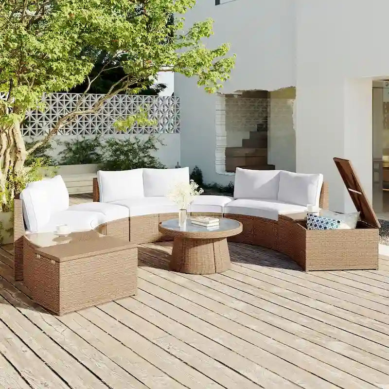 Canapé d'angle modulable 10 places en rotin pour l'extérieur avec table basse et tables d'appoint
