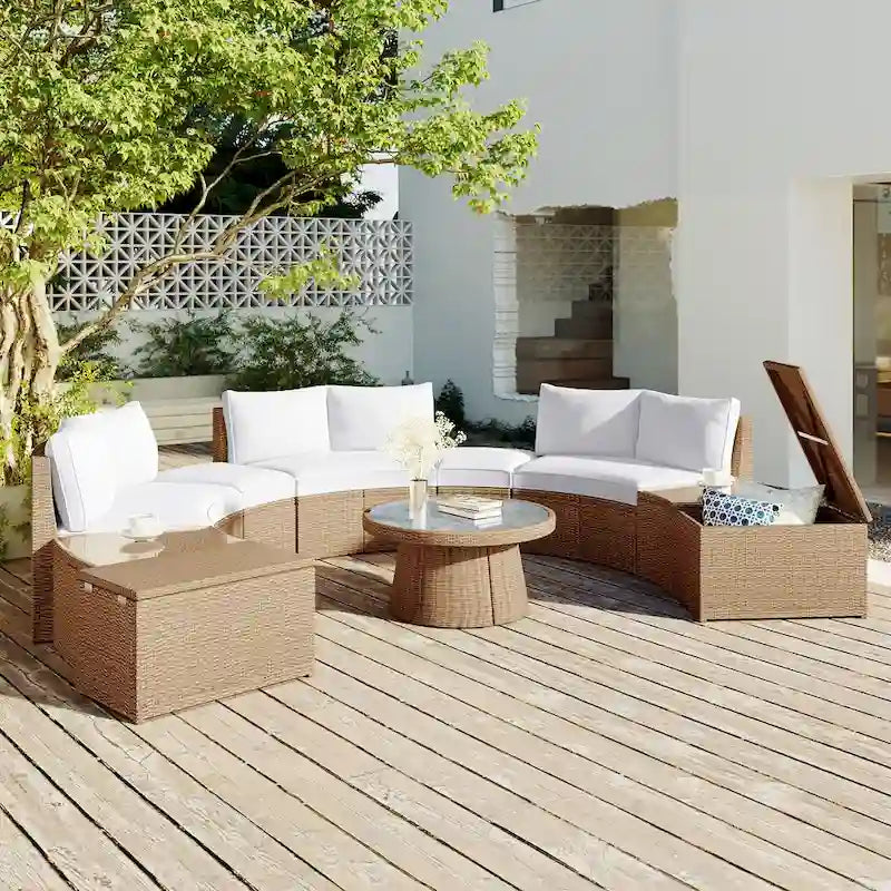 Outdoor 10-Piece Rattan Modular Sectional Sofa Set with Coffee & Side Tables