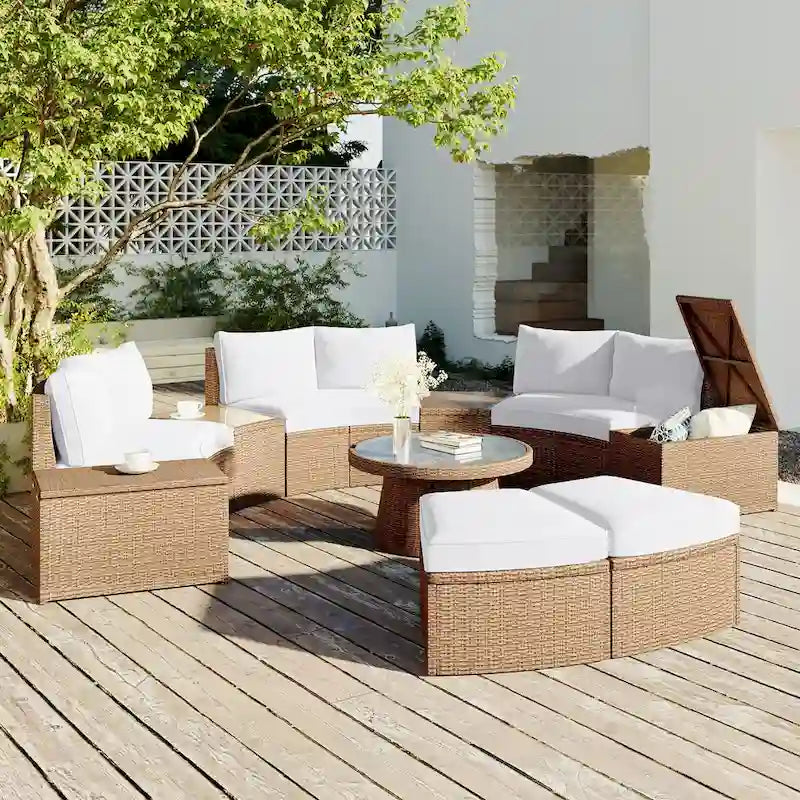 Canapé d'angle modulable 10 places en rotin pour l'extérieur avec table basse et tables d'appoint