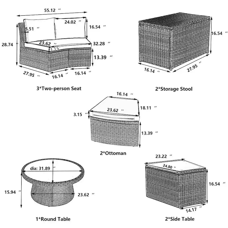 Canapé d'angle modulable 10 places en rotin pour l'extérieur avec table basse et tables d'appoint