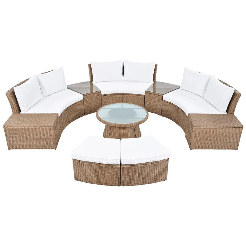 Canapé d'angle modulable 10 places en rotin pour l'extérieur avec table basse et tables d'appoint