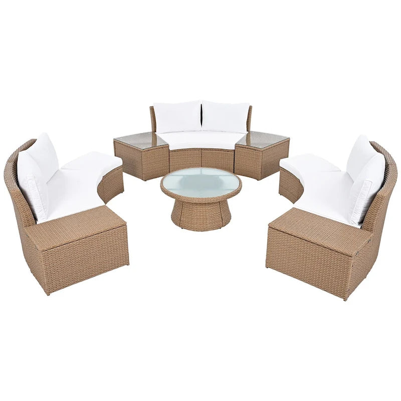 Canapé d'angle modulable 10 places en rotin pour l'extérieur avec table basse et tables d'appoint