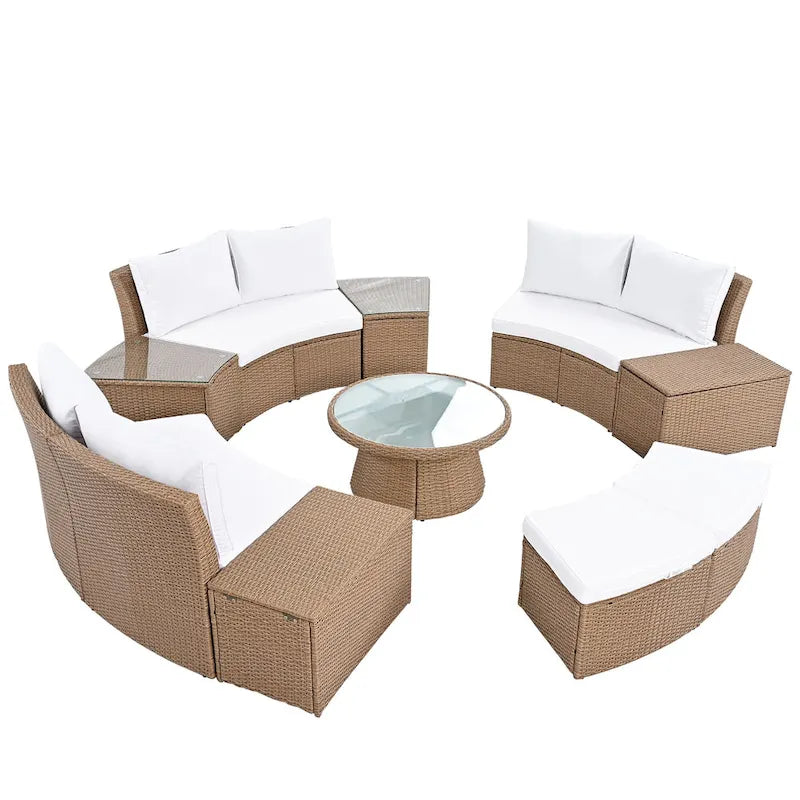 Canapé d'angle modulable 10 places en rotin pour l'extérieur avec table basse et tables d'appoint