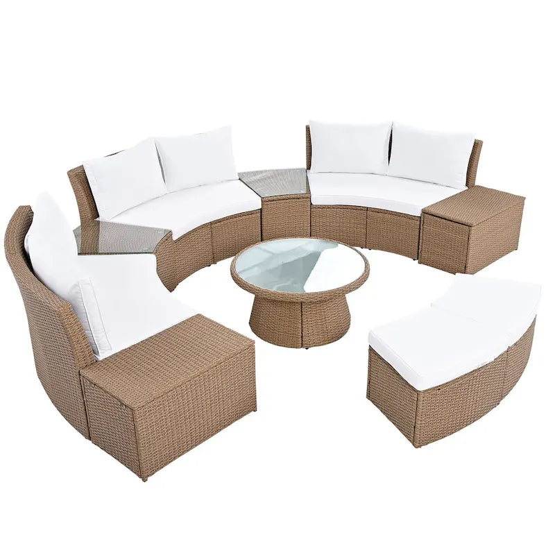 Canapé d'angle modulable 10 places en rotin pour l'extérieur avec table basse et tables d'appoint