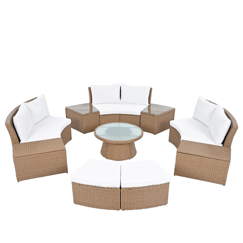 Canapé d'angle modulable 10 places en rotin pour l'extérieur avec table basse et tables d'appoint