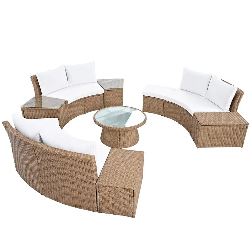 Canapé d'angle modulable 10 places en rotin pour l'extérieur avec table basse et tables d'appoint
